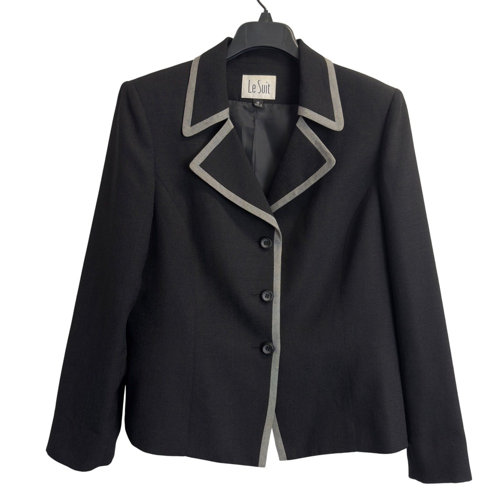 Le Suit Womens Black Blazer Grey Contrast Trim Button Front Jacket Size 16